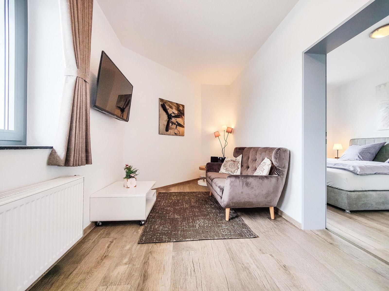 Wohnbereich mit Sofa, Fernseher und Blick in Schlafzimmer