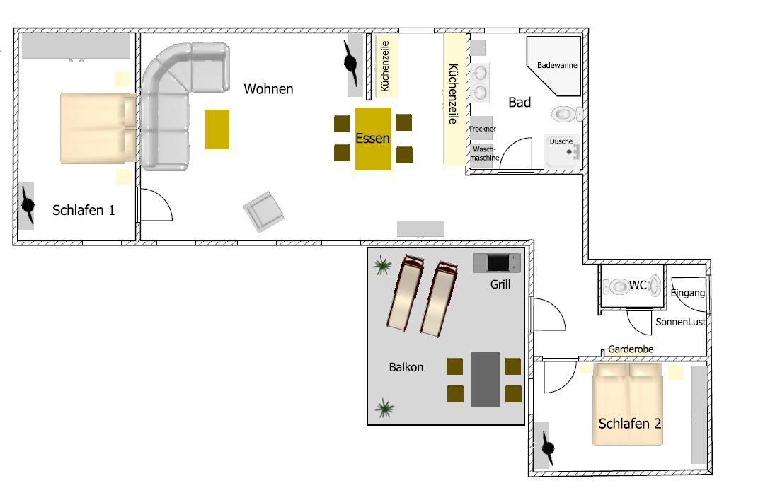 Wohnung mit zwei Schlafzimmern, Küche, Bad und Balkon mit Grill.
