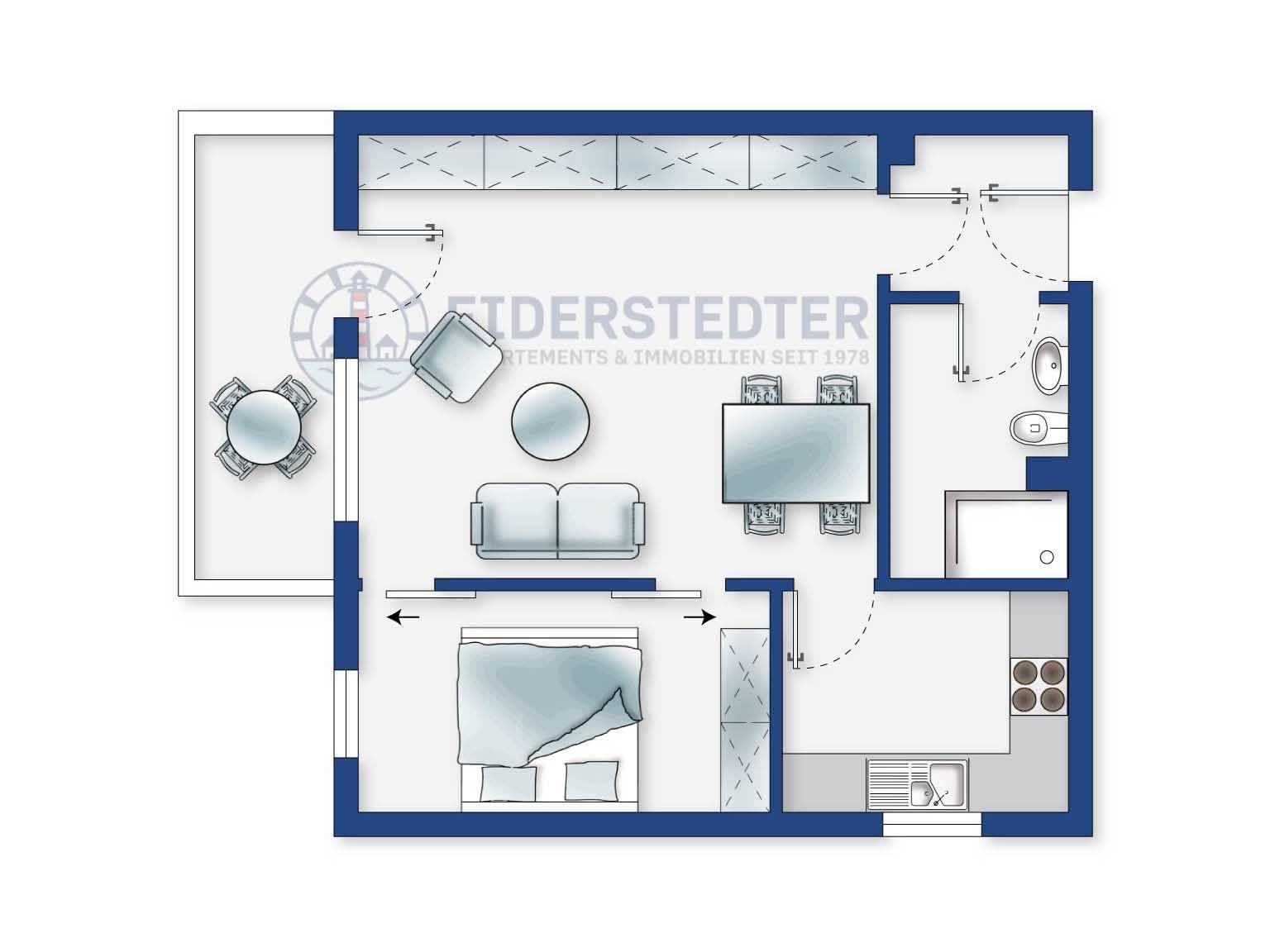 Wohnung mit Küche, Bad, Schlafzimmer und Essbereich. Dachboden mit Zugang.