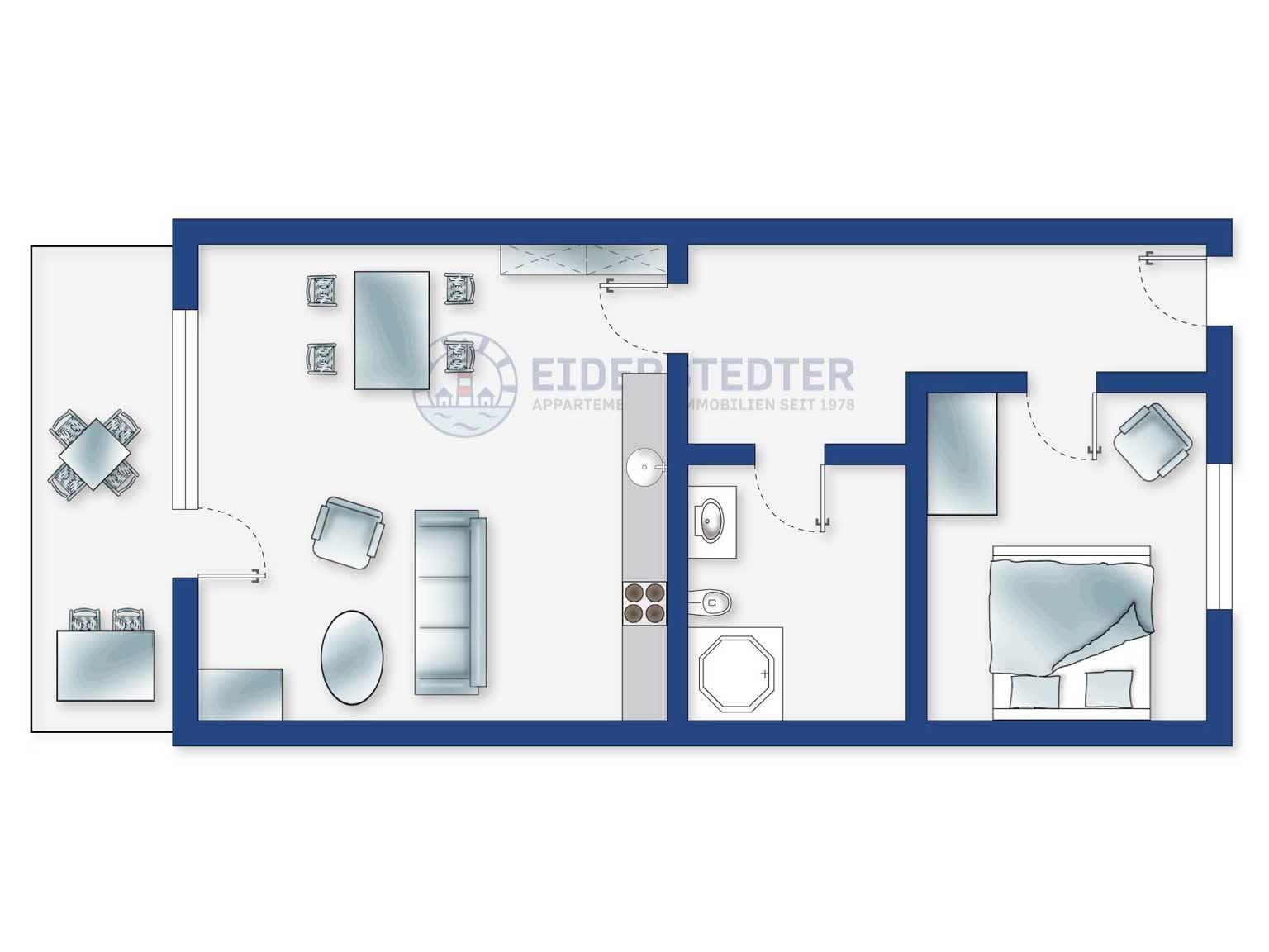 Wohnung mit Küche, Bad, Schlafzimmer und Essbereich. Flur mit Treppe.