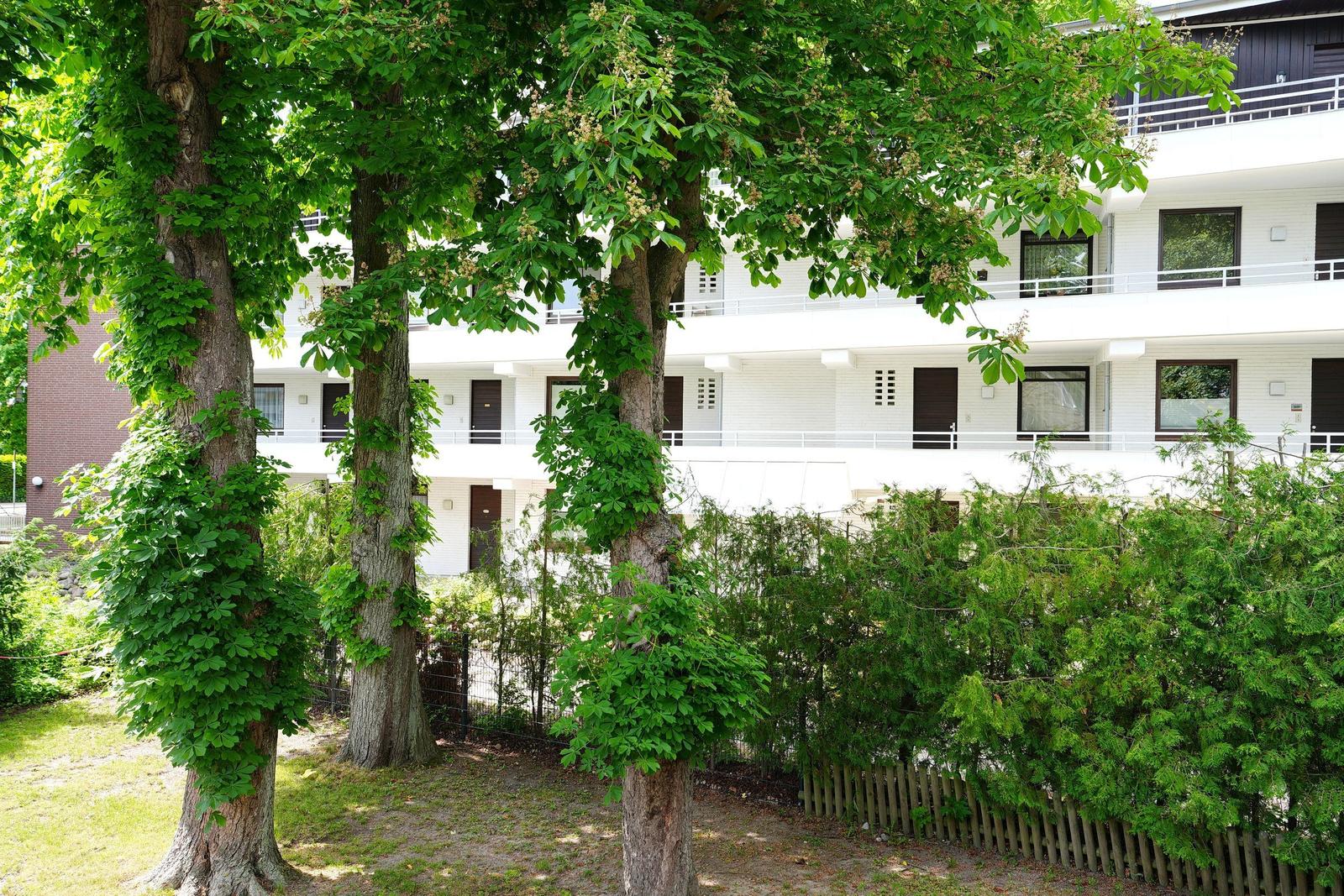 Weißes Mehrfamilienhaus mit Balkonen, umgeben von Bäumen und Sträuchern.