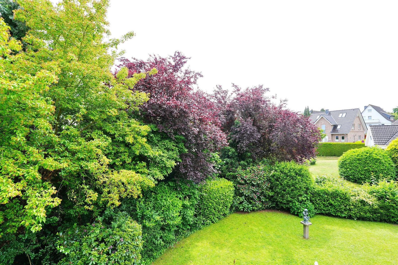 Garten mit grüner Rasenfläche, Büschen und Bäumen. Im Hintergrund sind Häuser zu sehen.
