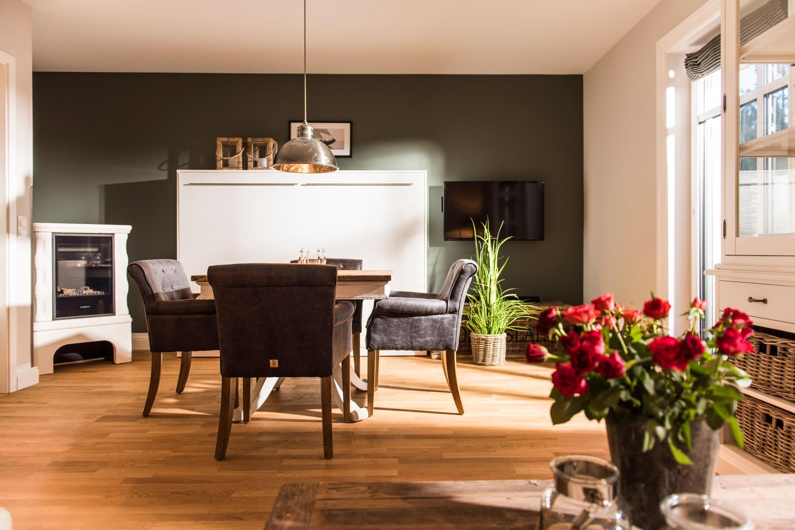Esszimmer mit Esstisch, Stühlen, Fernseher und Kaminofen. Fenster und Pflanzen sorgen für Licht.