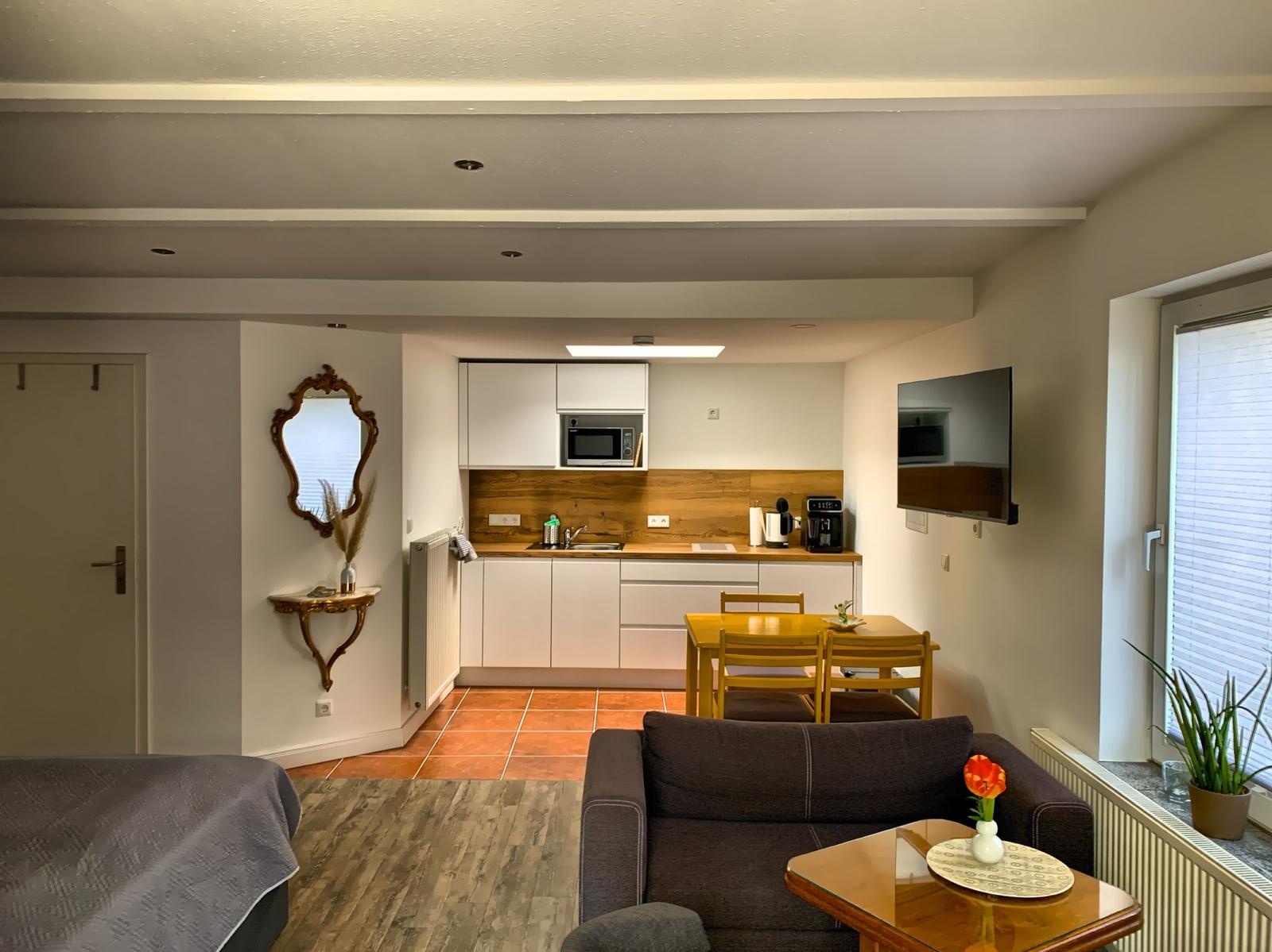 Wohnbereich mit Küchenzeile, Sofa und TV. Holztisch, Spiegel und Pflanze sichtbar.
