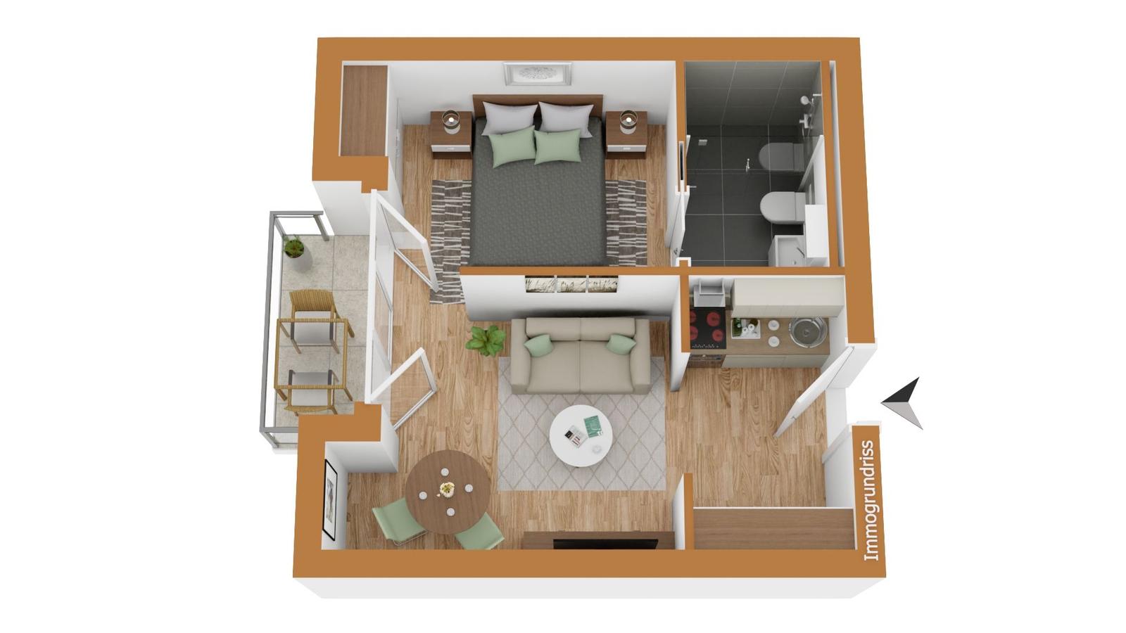 Ein Schlafzimmer, Wohnzimmer, Küche und Bad sind im Grundriss dargestellt.