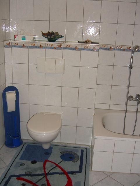 Badezimmer mit Toilette, Badewanne und blauem Teppich