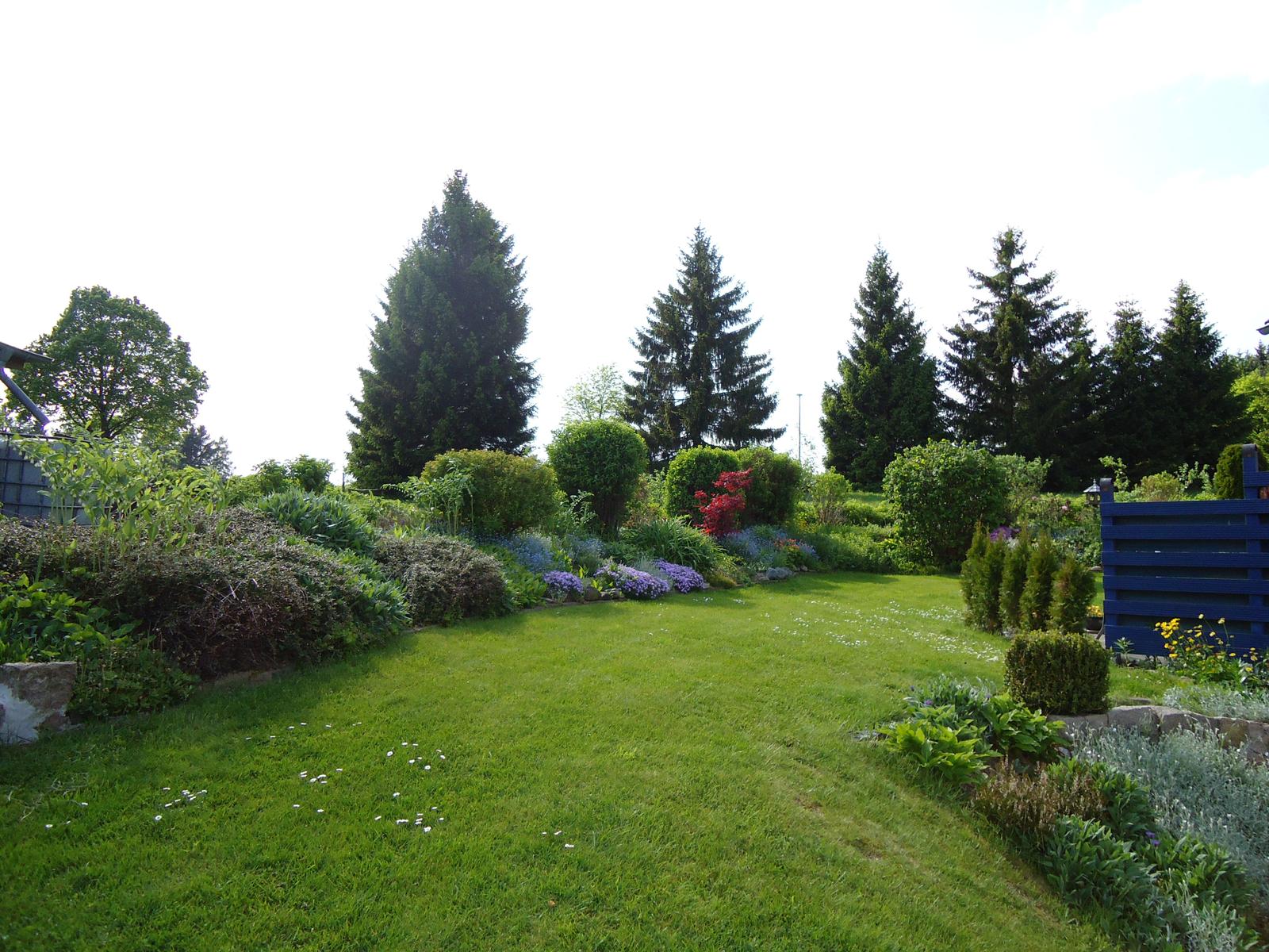 Grüner Rasenbereich mit Blumenbeeten und hohen Bäumen im Hintergrund.