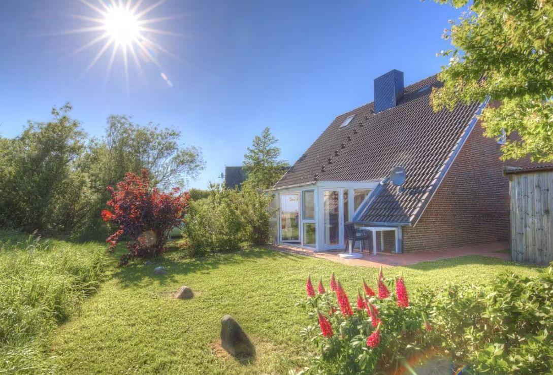 Haus mit Garten, Sonne, roten Blumen und Terrasse