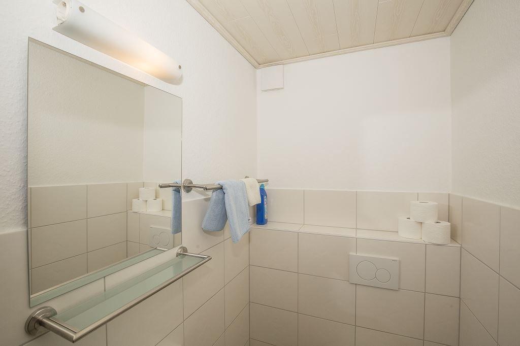 Badezimmer mit Spiegel, Handtuchhalter und Toilettenpapier.