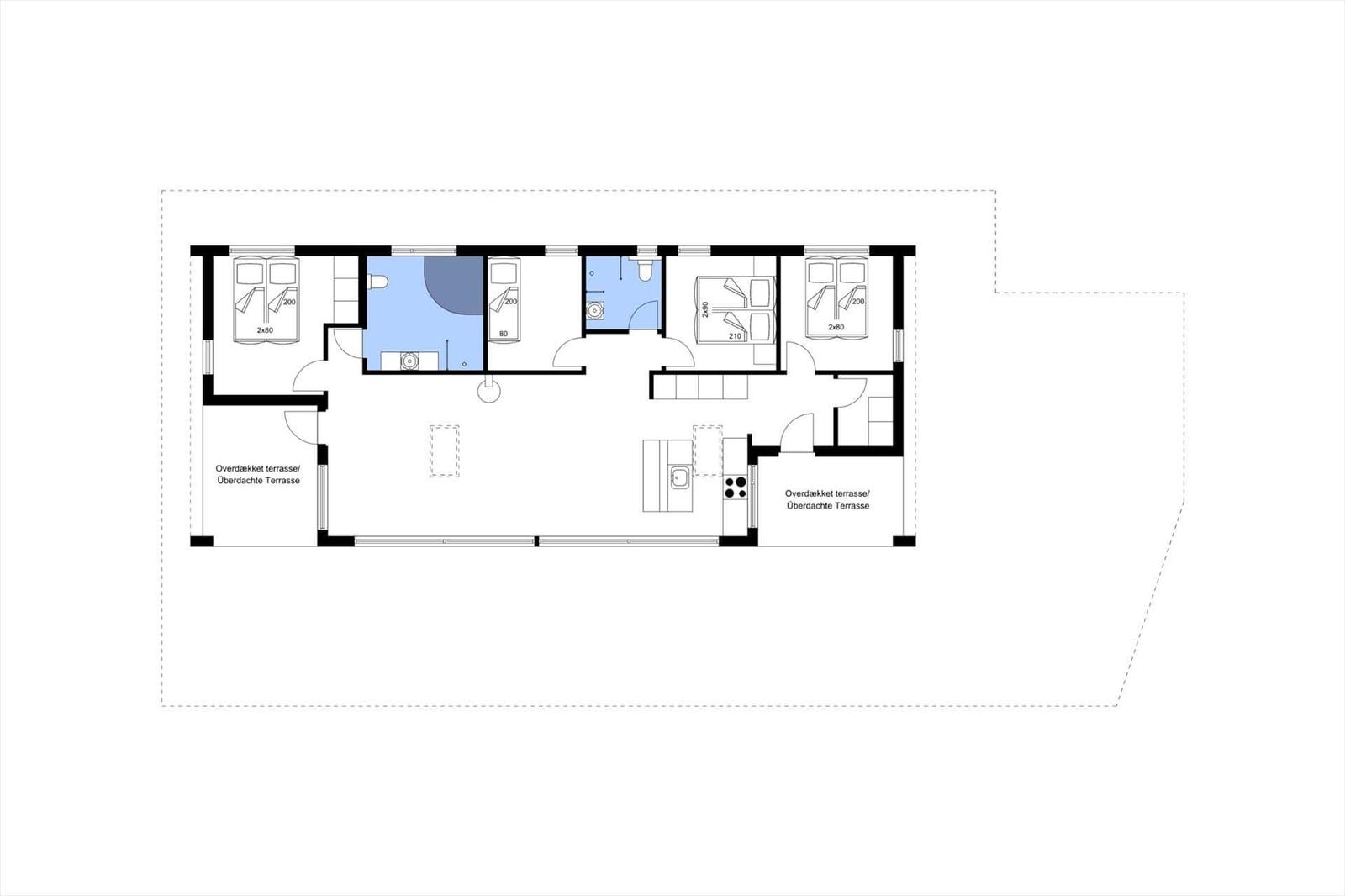 Wohnung mit drei Schlafzimmern, Küche und überdachter Terrasse.