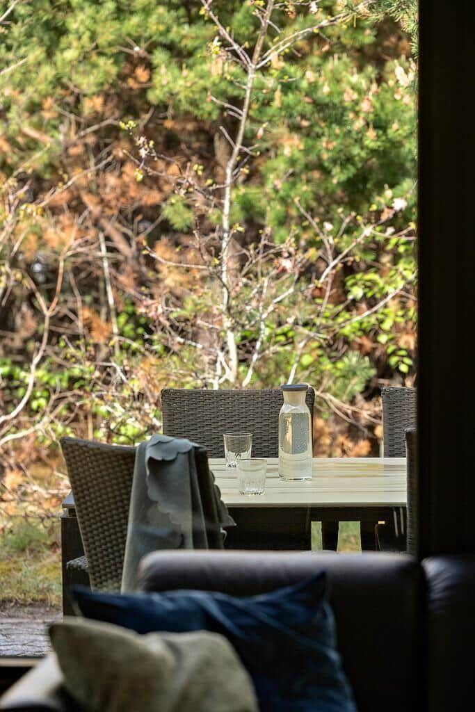 Terrasse mit Tisch, Stühlen und Wasserflasche vor Wald.