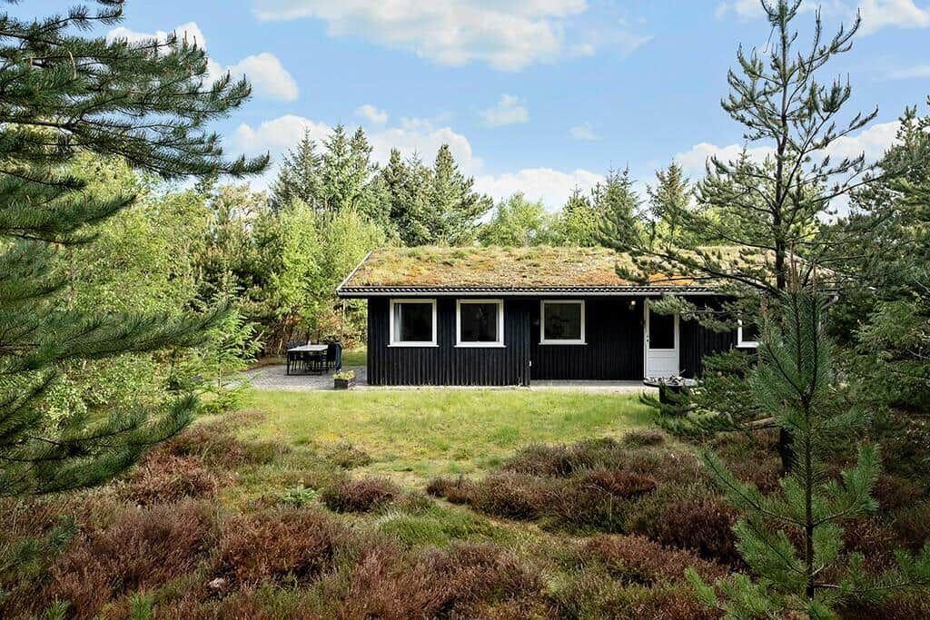 Schwarze Holzhütte mit grünem Dach, umgeben von Bäumen und Gras.