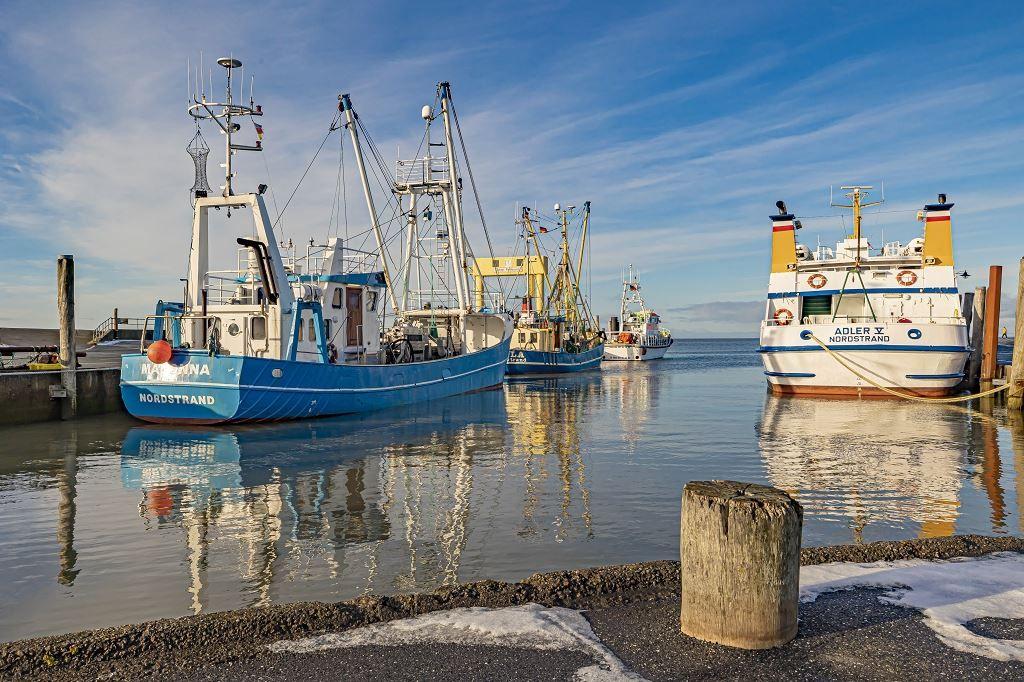 Hafen mit mehreren Fischereischiffen und einem Fährschiff, Spiegelung im Wasser.
