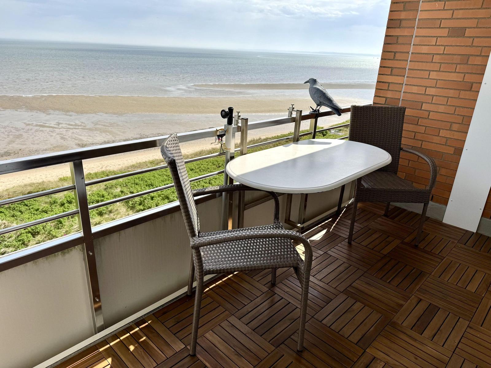 Terrace with table and chairs, view of beach and sea, bird on railing