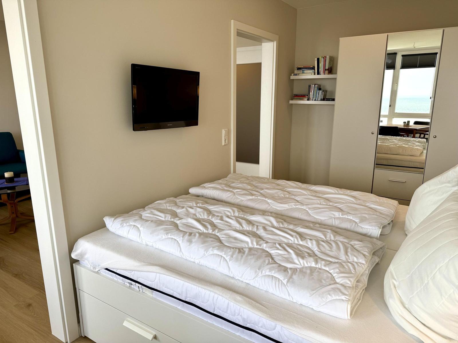 Bedroom with bed, TV, and wardrobe with mirror
