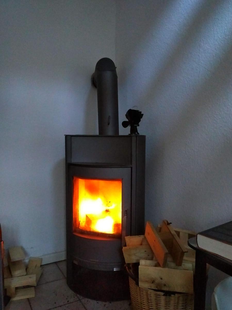 Holzofen mit brennendem Feuer, umgeben von Brennholz und einem Korb.