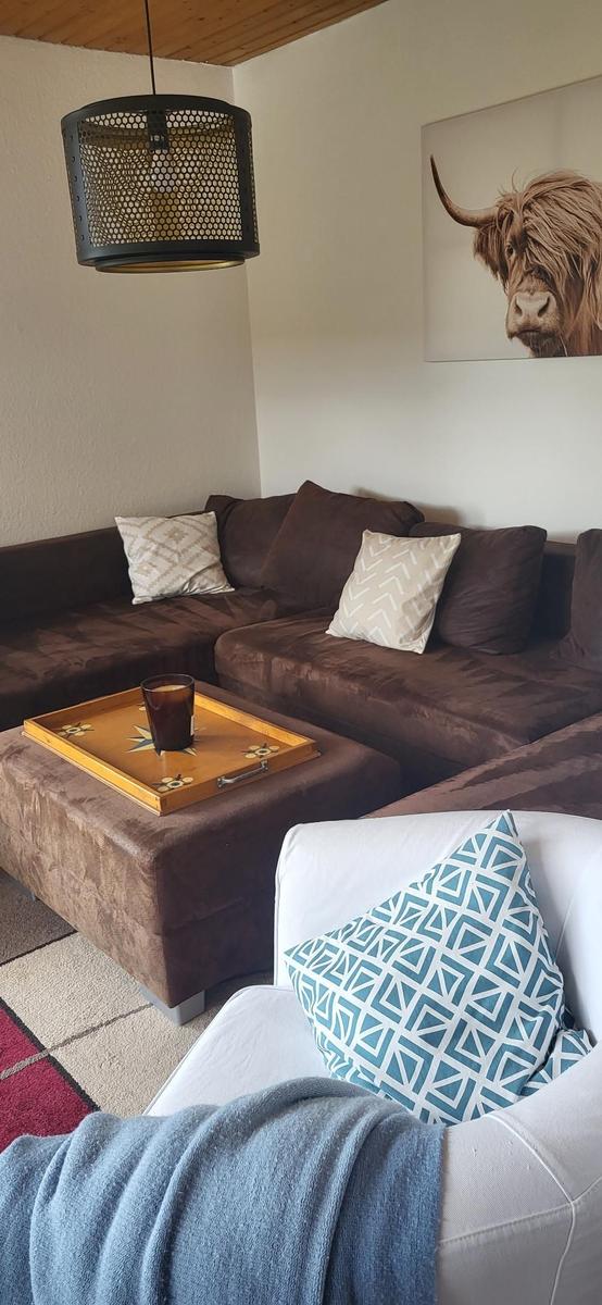 Ein Wohnzimmer mit braunem Sofa, weißem Sessel und Wandbild eines Hochlandrindes.