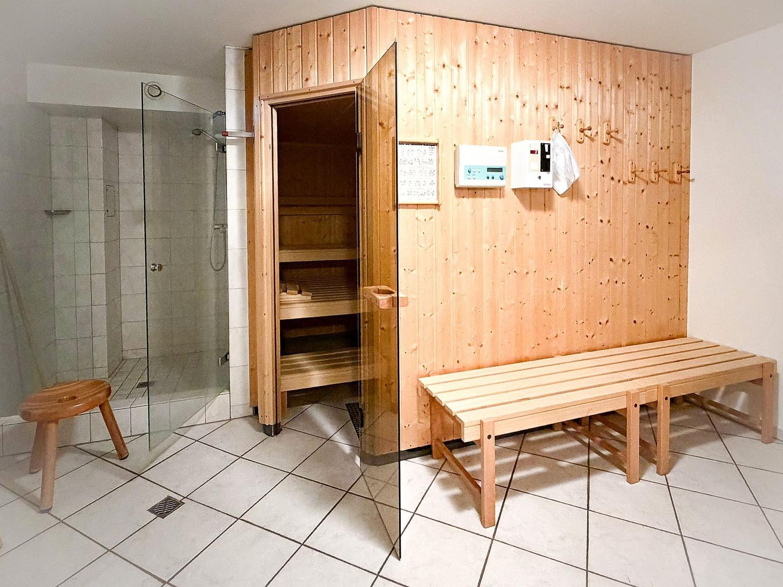 Sauna mit Holzbank und Duschbereich mit Glaswand.