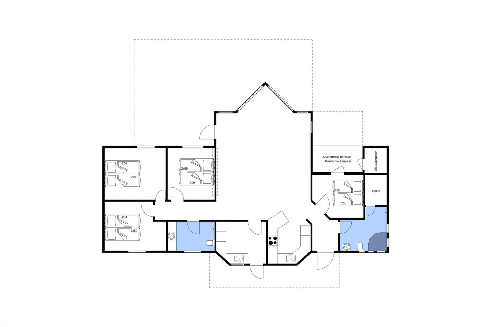 Functional floor plan with three bedrooms, sauna, and covered terrace.