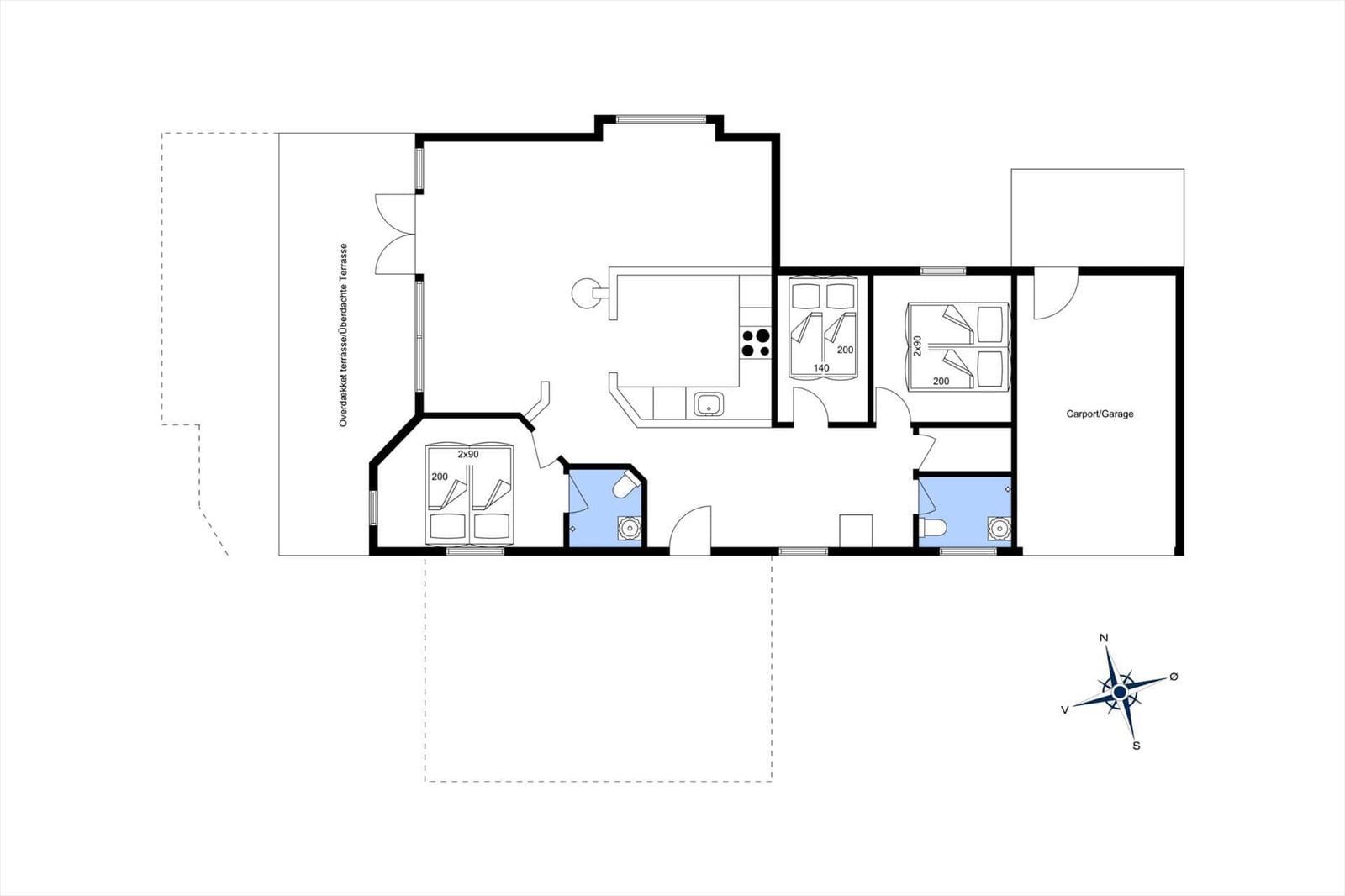 Wohnung mit Küche, drei Schlafzimmern und Garage. Überdachte Terrasse vorhanden.