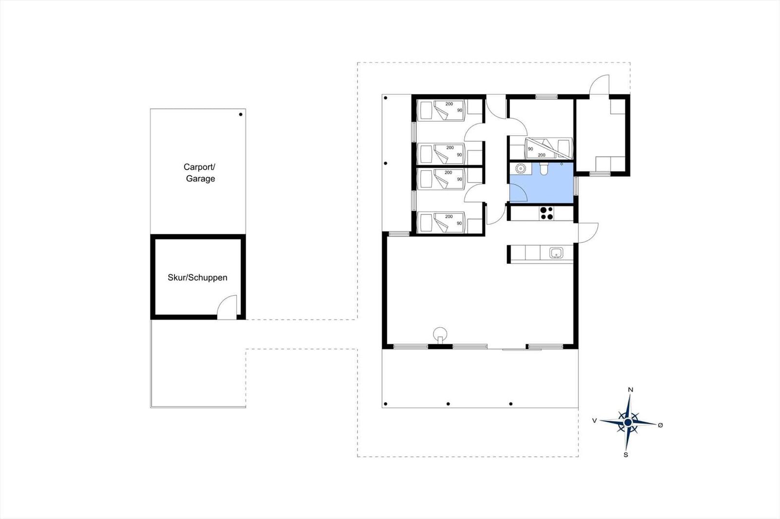 Apartment with four bedrooms, kitchen, bathroom, and carport.