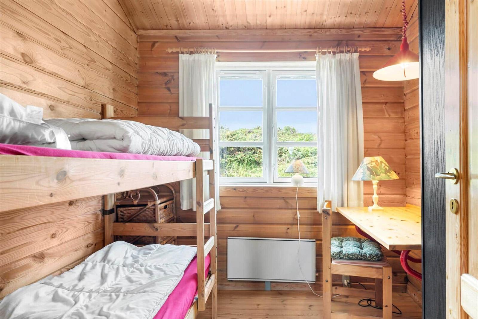 Zimmer mit Doppelstockbett, Schreibtisch und Fenster mit Blick auf Grünflächen.