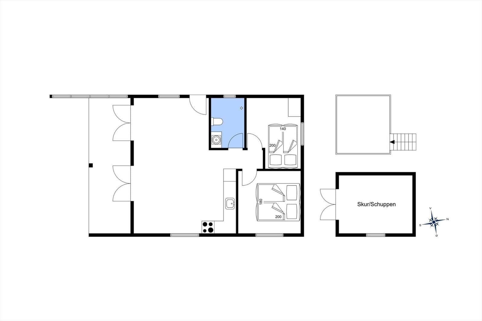 Wohnung mit Küche, Bad, zwei Schlafzimmern und Garage.