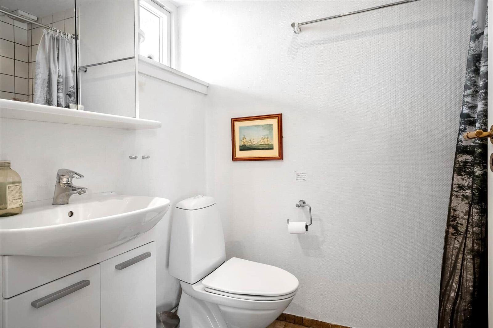 Badezimmer mit Toilette, Waschbecken und Duschvorhang.