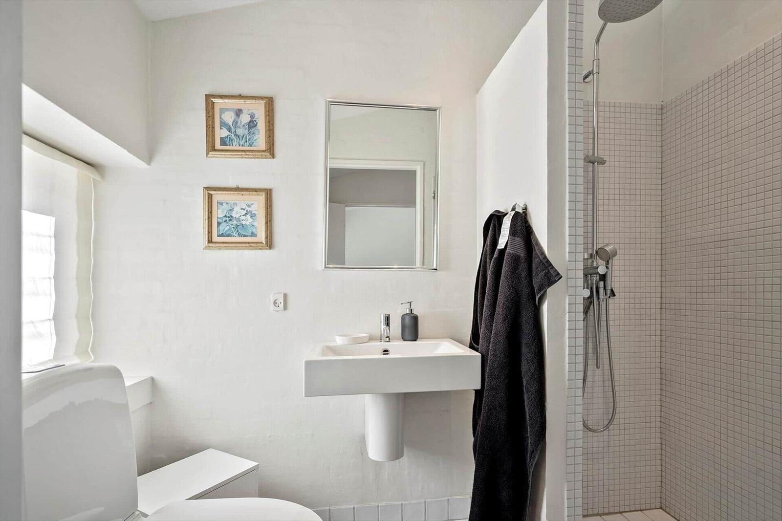 Bathroom with sink, mirror, shower, and toilet. Wall art and towel hanging.