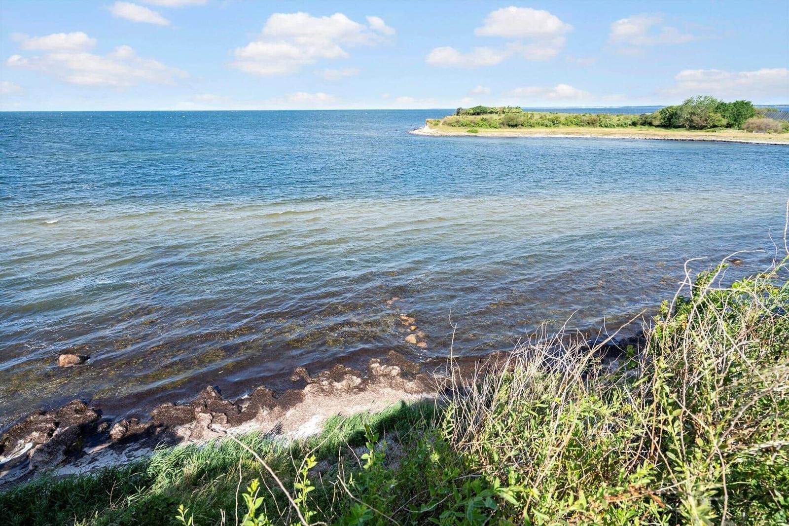 Sea with rocks and grass along the shore under blue sky