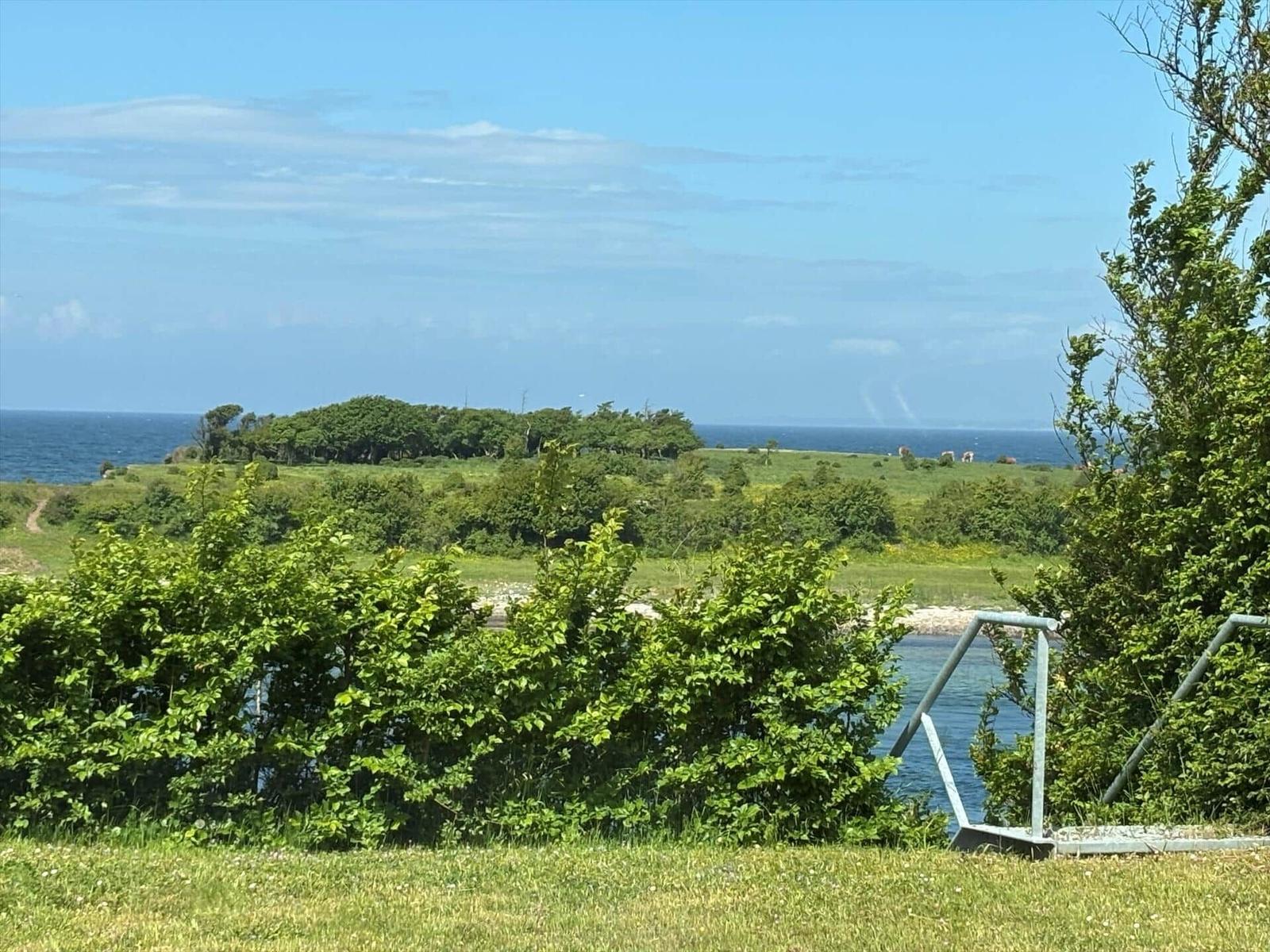 Green slope with view of the sea and an island in the background.
