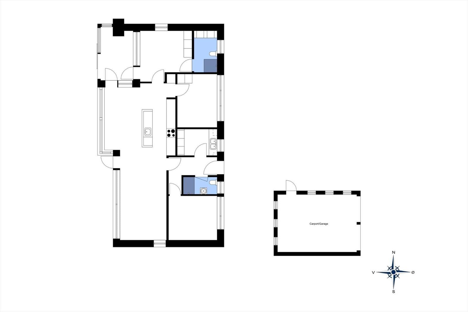 Apartment with kitchen, bathroom, and carport. Floor plan with orientation.