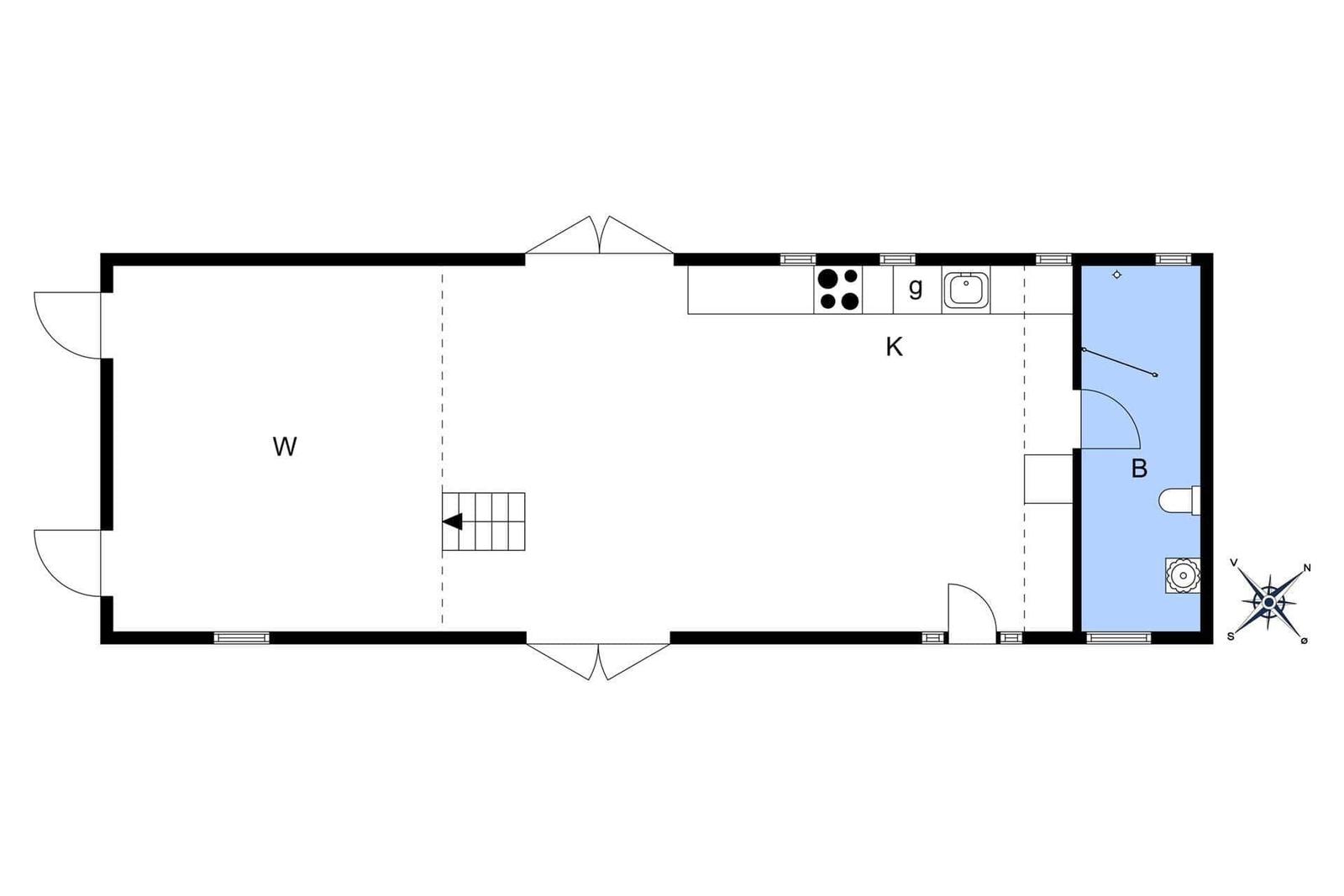 Wohnung mit Küche, Bad und Treppenhaus. Raumbelegung: W Wohnzimmer, K Küche, B Bad.