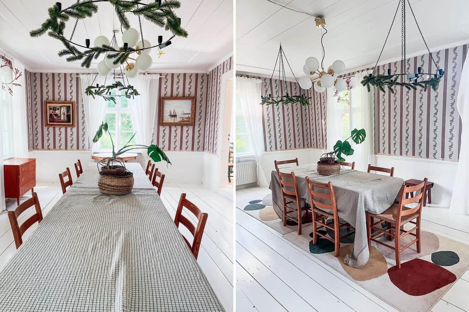 Esszimmer mit Tisch, Stühlen, Wandtapete und Deckenleuchte.