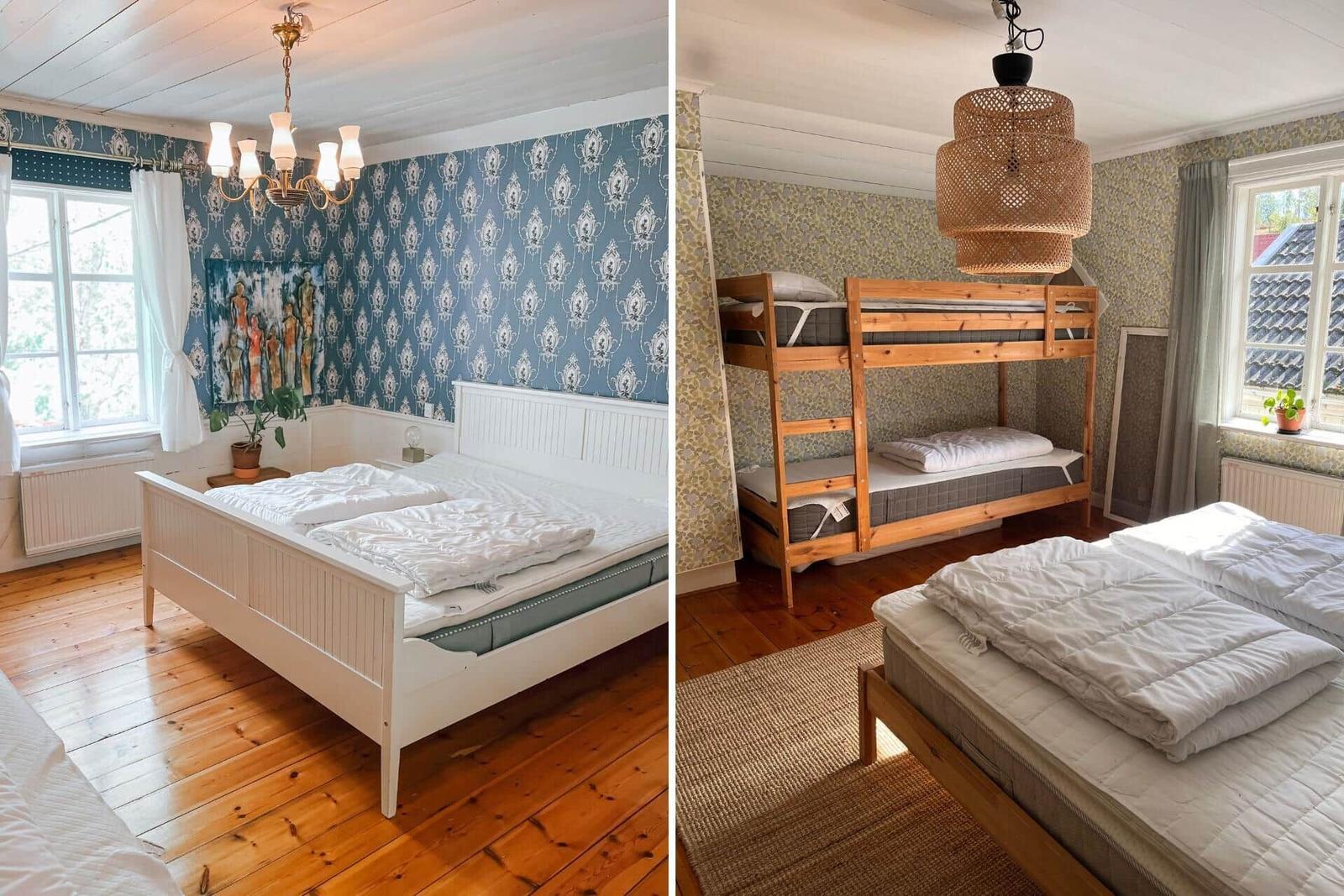 Zwei Schlafzimmer mit Bett, Matratze und Fenster. Eines mit Doppelbett, das andere mit Hochbett.