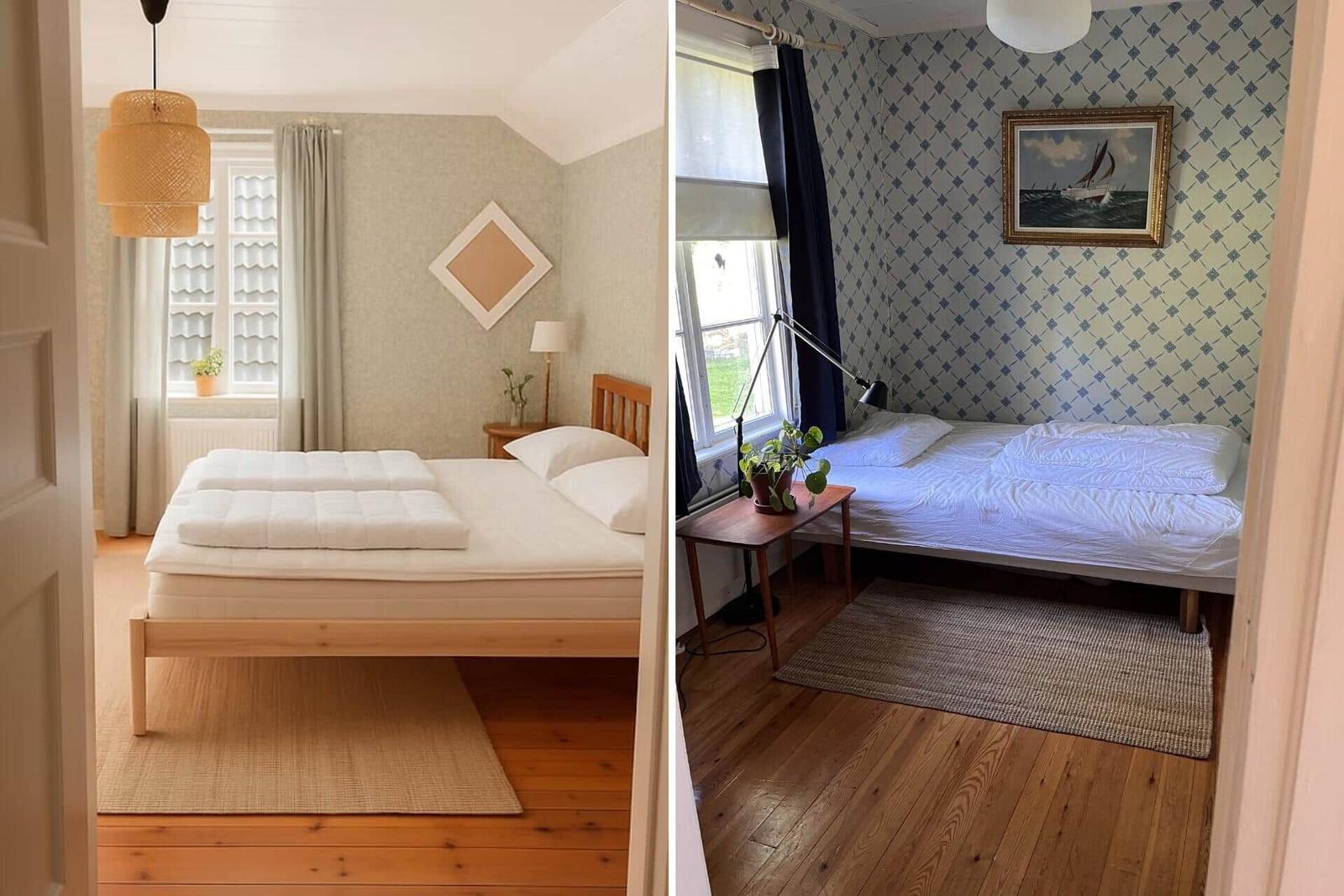 Zwei Schlafzimmer mit Betten, Fenstern und Holzböden. Ein Raum hat gemusterte Tapete.