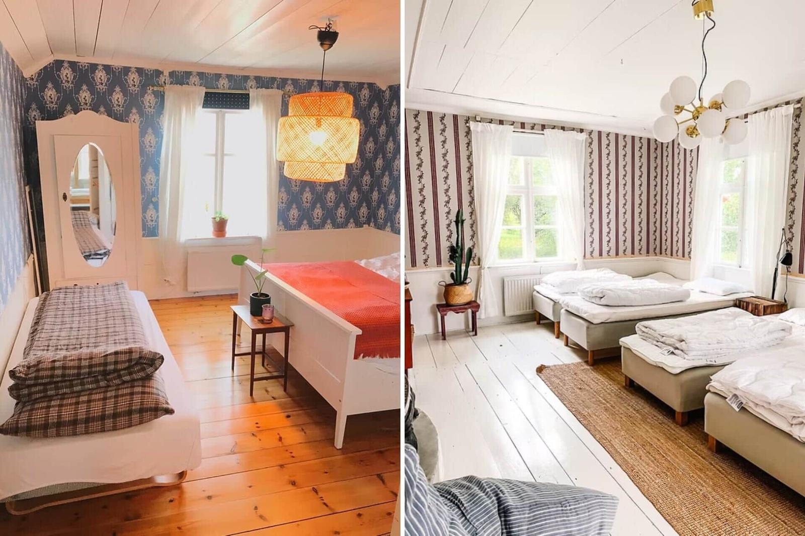 Zwei Schlafzimmer mit Holzböden, Fenstern und Betten. Ein Raum hat blaue Tapete, der andere Streifen.