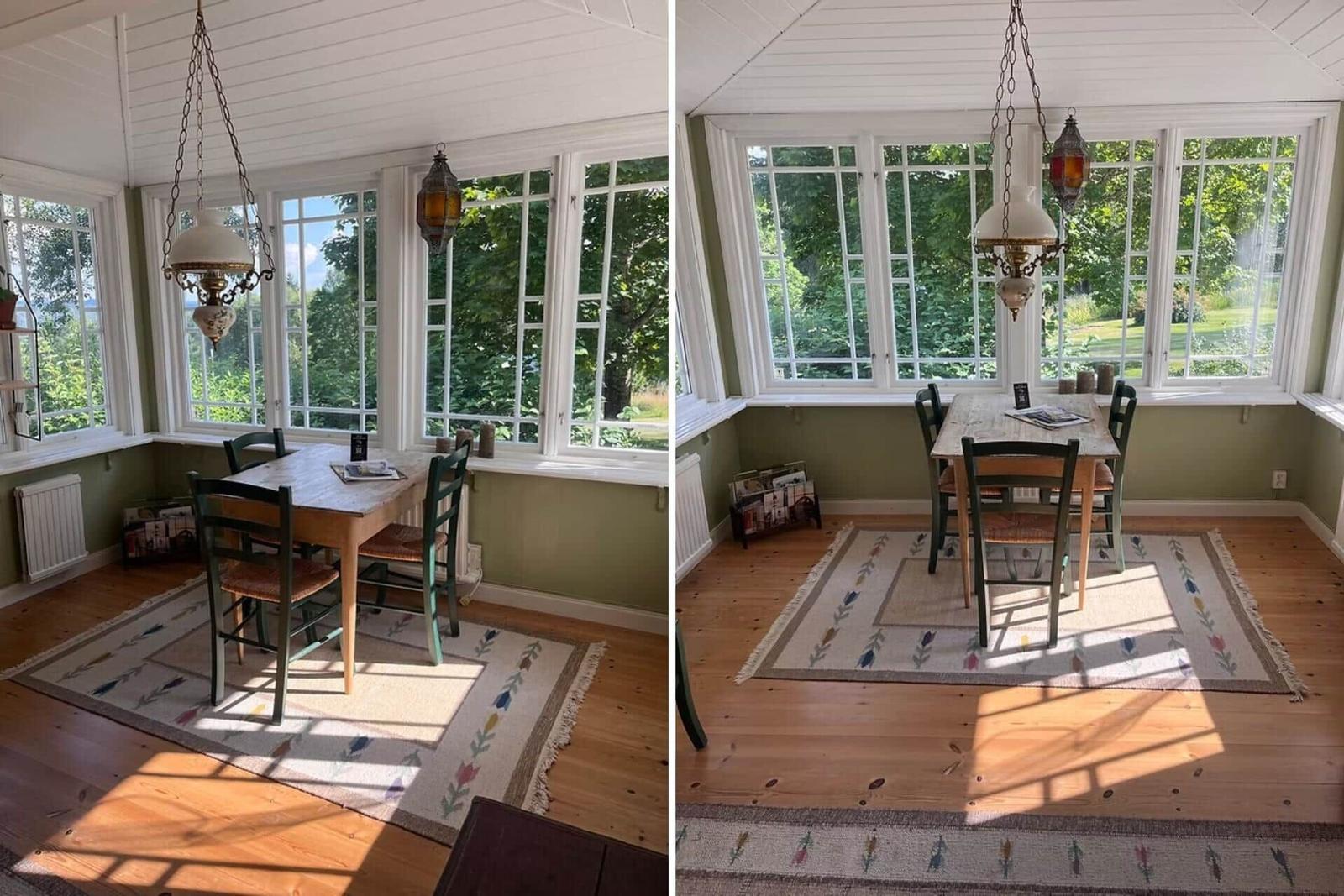 Esszimmer mit Holztisch, Stühlen und Fenstern zum Garten