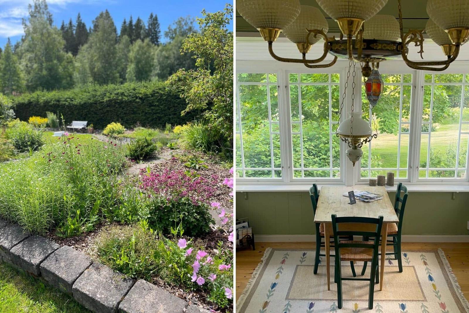 Garten mit Blumen und Bänken. Esszimmer mit Tisch, Stühlen und Fenstern.