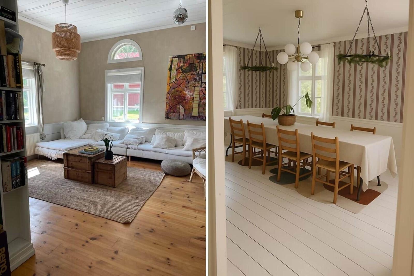 Wohnzimmer mit Sofa und Holzboden. Esszimmer mit Tisch, Stühlen und Fenstern.
