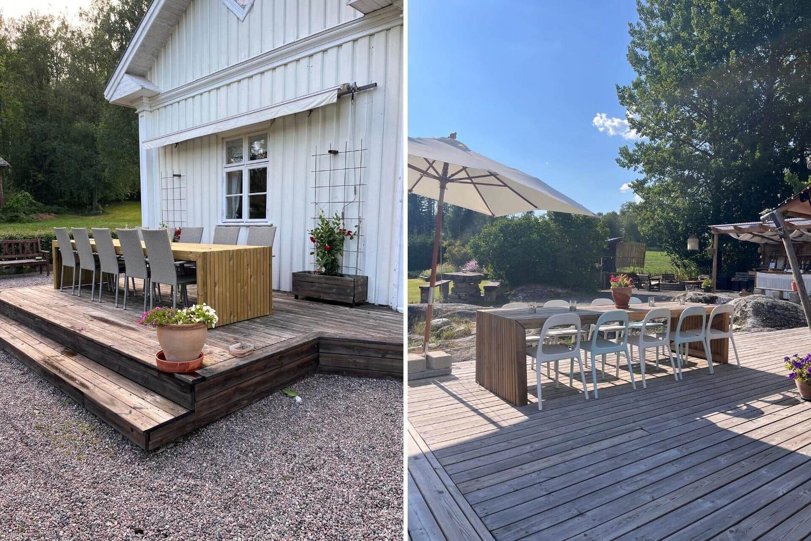 Holzterrasse mit Esstisch und Stühlen vor weißem Haus. Sonnenschirm und Pflanzen im Garten.