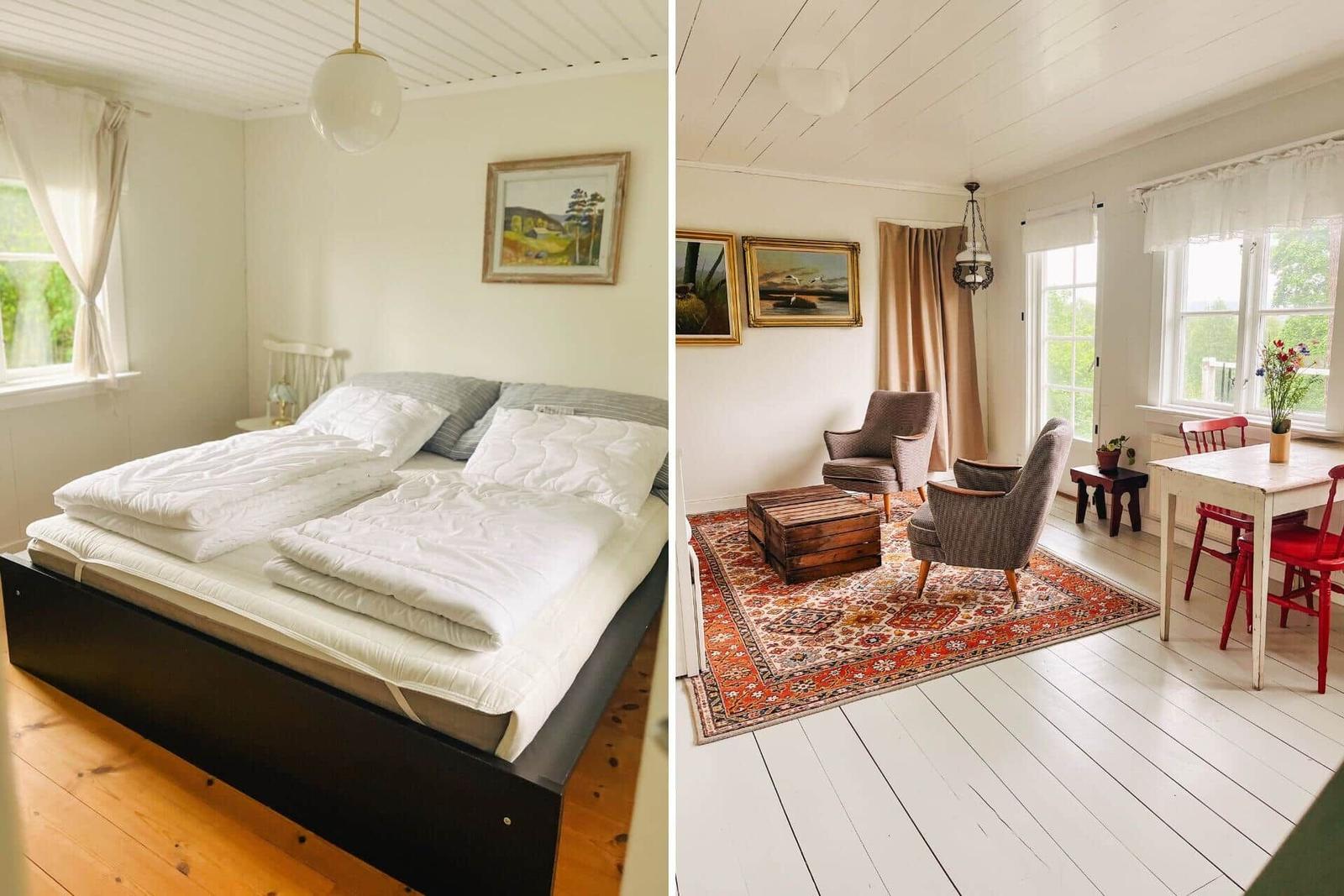 Schlafzimmer mit Doppelbett und Wohnbereich mit Sitzgelegenheiten und Esstisch.