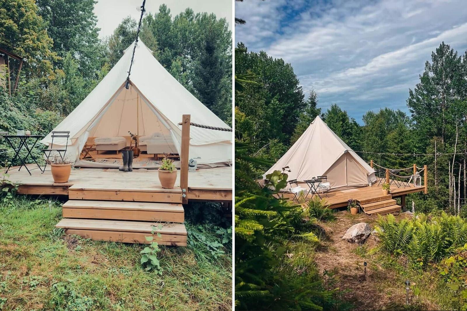 Große Zeltunterkunft auf Holzterrasse mit Garten und Waldblick.