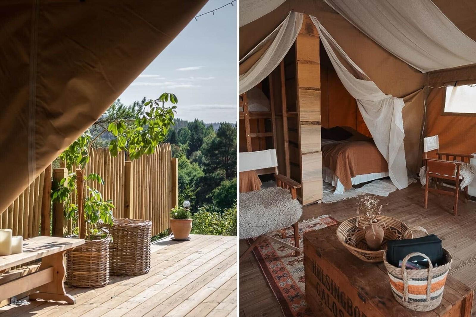 Terrasse mit Blick auf Wald und Bett unter Zelt mit Holzregal und Moskitonetz.