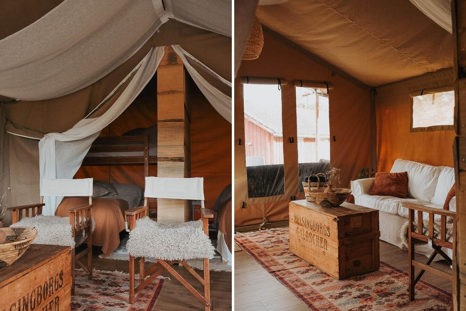 Zwei Räume in einem Zelt: Schlafbereich mit Bett und Sitzgelegenheiten, Wohnbereich mit Sofa und Kistenmöbel.