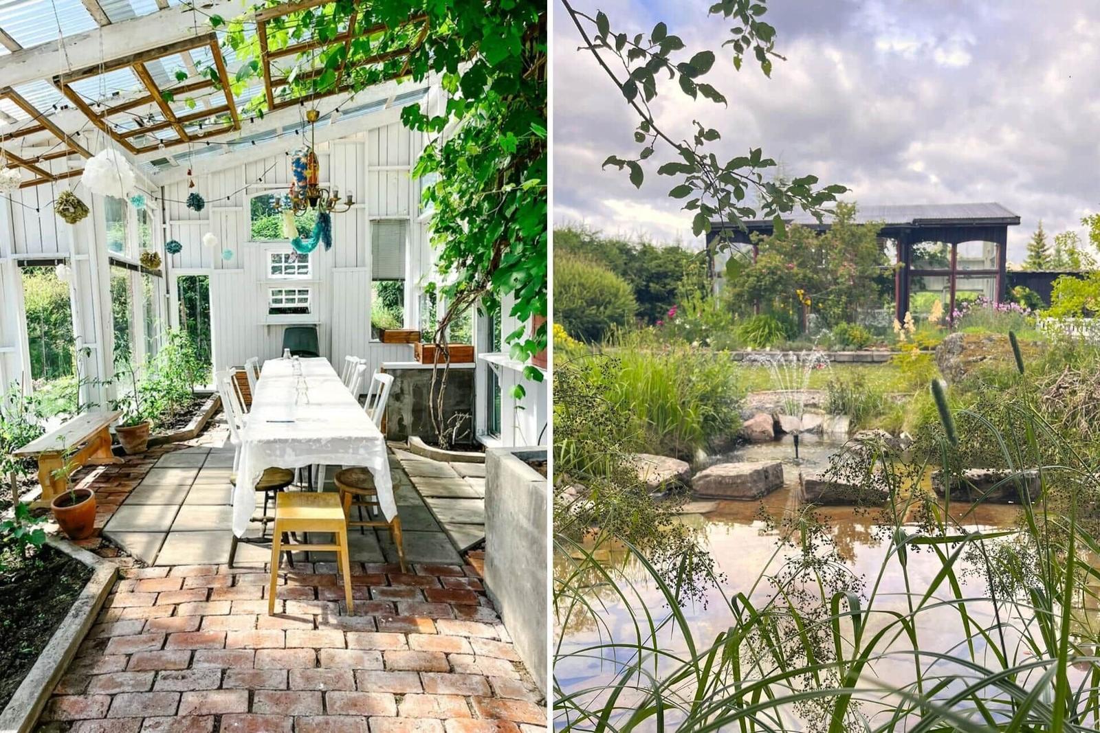 Terrasse mit Tisch und Stühlen unter Pergola, Garten mit Teich und Springbrunnen.