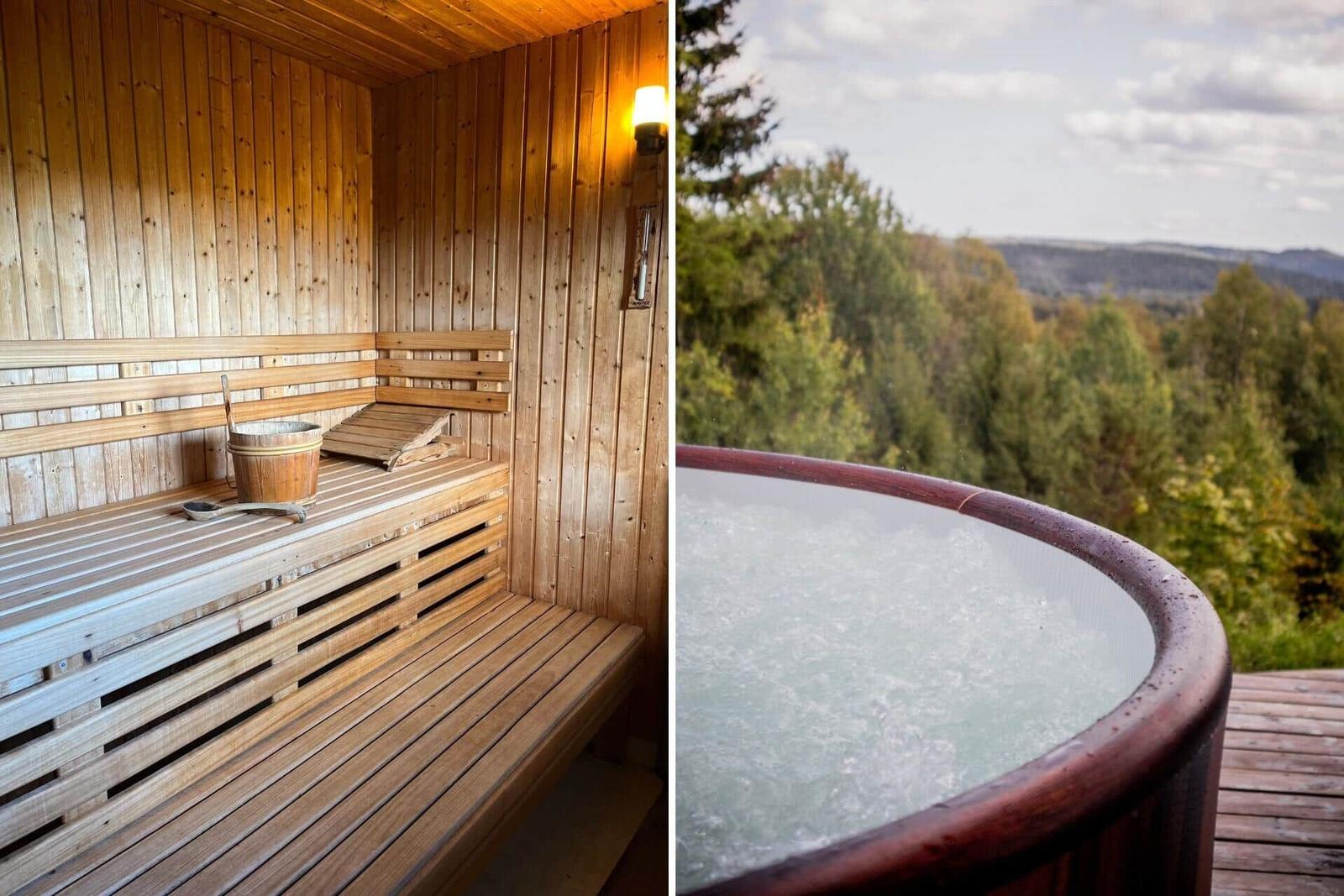 Sauna mit Holzbänken und Eimer. Whirlpool mit Blick auf Wald.