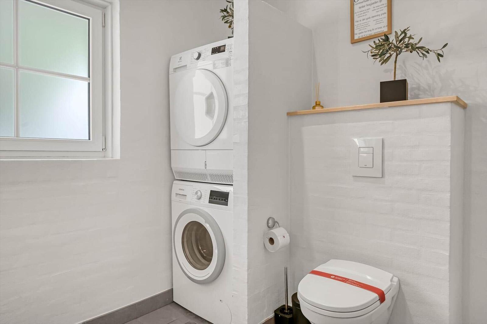 Wohnung mit Waschmaschine, Trockner und Toilette. Fenster, Pflanze und Wandgestaltung.