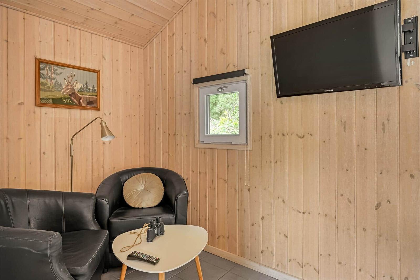 Raum mit Holzwand, Fernseher, Sessel und Tisch mit Fernbedienung.