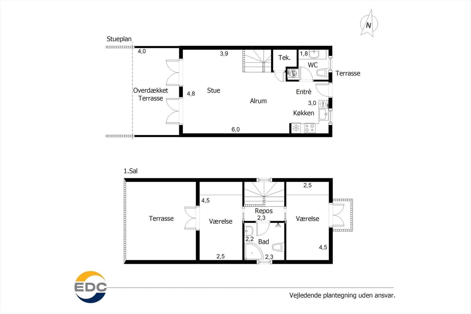 Funktionaler Grundriss mit Küche, Bad und Terrasse. Zwei Etagen mit Schlafzimmern.